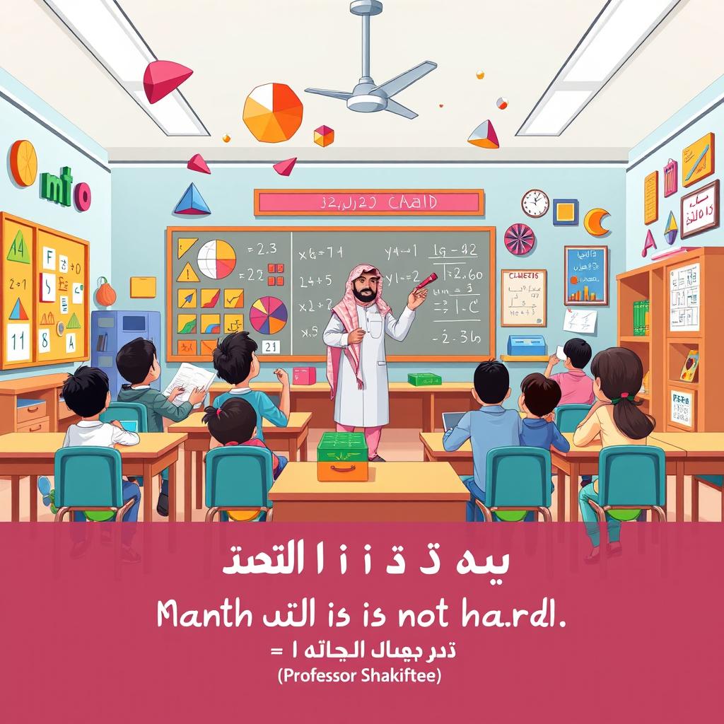 A colorful illustration depicting a vibrant and inspiring math classroom in Riyadh, showcasing students engaging with mathematical concepts like geometry shapes, fractions, and algebra equations in a fun and interactive way