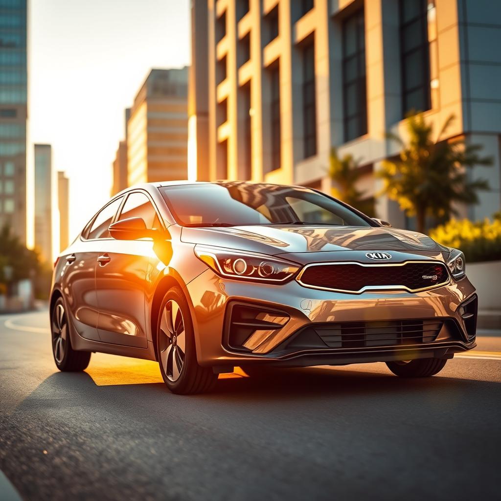A sleek and modern 2017 Kia Cerato, parked stylishly on a vibrant city street during golden hour