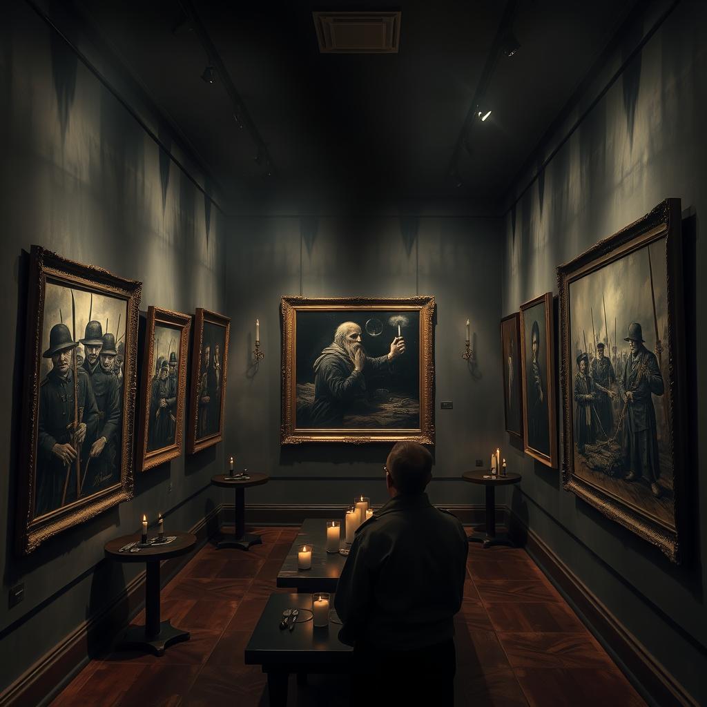 A haunting art gallery showcasing the scariest paintings in the world, inspired by the harrowing experiences of people in war