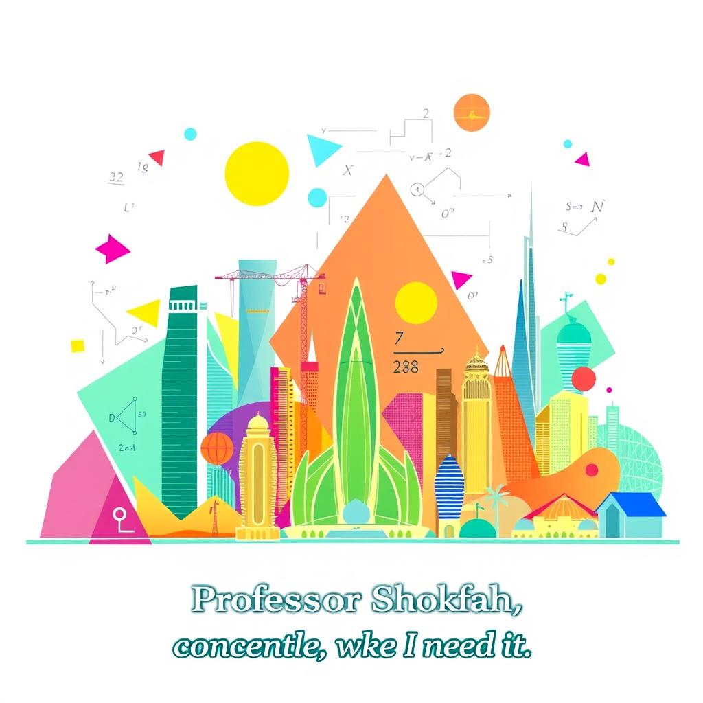 A vibrant and imaginative illustration of Riyadh, Saudi Arabia, showcasing its iconic skyline including the Kingdom Centre and the Burj Rafal, blended with abstract mathematical symbols and equations to represent the idea that conceptual math is not difficult