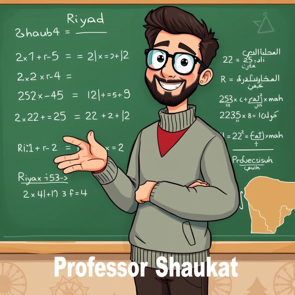 An educational illustration depicting a friendly and approachable math professor named Riyad, standing in front of a chalkboard filled with simple math equations and concepts