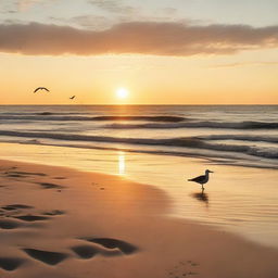 A person seated peacefully at the edge of a shimmering sandy beach. In the foreground, gentle waves wash ashore, while the setting sun casts warm hues in the sky. A playful seagull descends upon the scene, while a lonely boat sails in the distant horizon.