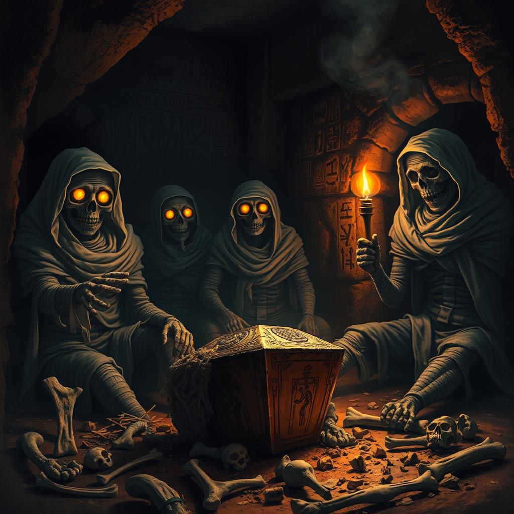 A chilling scene featuring eerie mummies rising from ancient tombs, enveloped in shadows and vignettes of dust