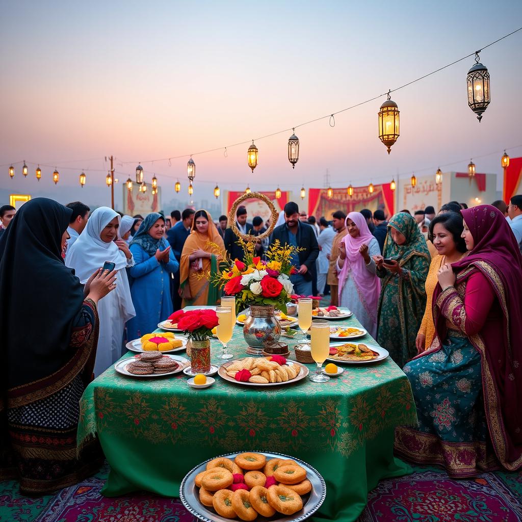 A vibrant celebration of Nowruz and Ramadan in Iran, featuring beautifully decorated tables with traditional Haft-Seen items, colorful flowers, and artistic pastries