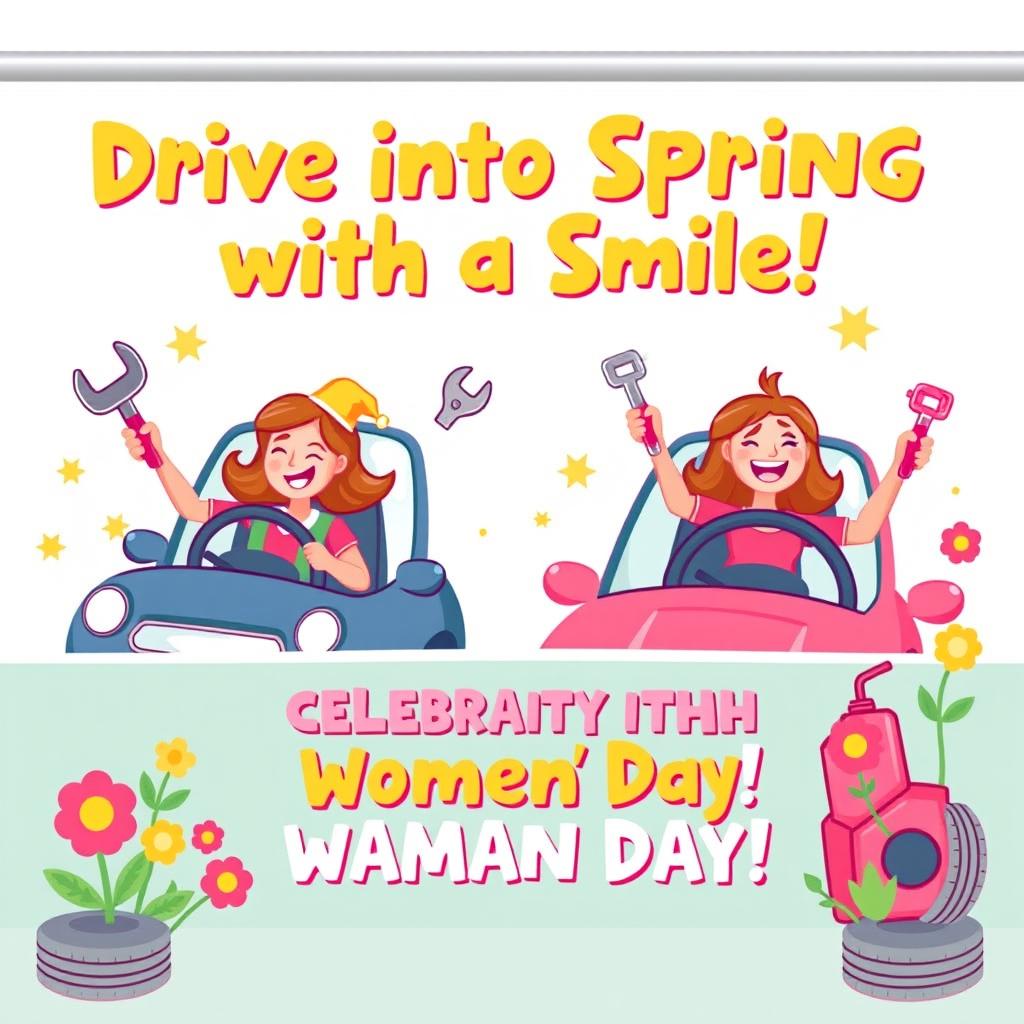 A playful and humorous promotion banner for an auto service shop celebrating International Women's Day on March 8th