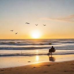 A person seated peacefully at the edge of a shimmering sandy beach. In the foreground, gentle waves wash ashore, while the setting sun casts warm hues in the sky. A playful seagull descends upon the scene, while a lonely boat sails in the distant horizon.