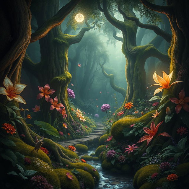 A mystical forest scene filled with vibrant, oversized foliage and exotic flowers, illuminated by soft, ethereal light filtering through a dense canopy
