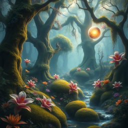 A mystical forest scene filled with vibrant, oversized foliage and exotic flowers, illuminated by soft, ethereal light filtering through a dense canopy