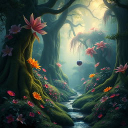 A mystical forest scene filled with vibrant, oversized foliage and exotic flowers, illuminated by soft, ethereal light filtering through a dense canopy