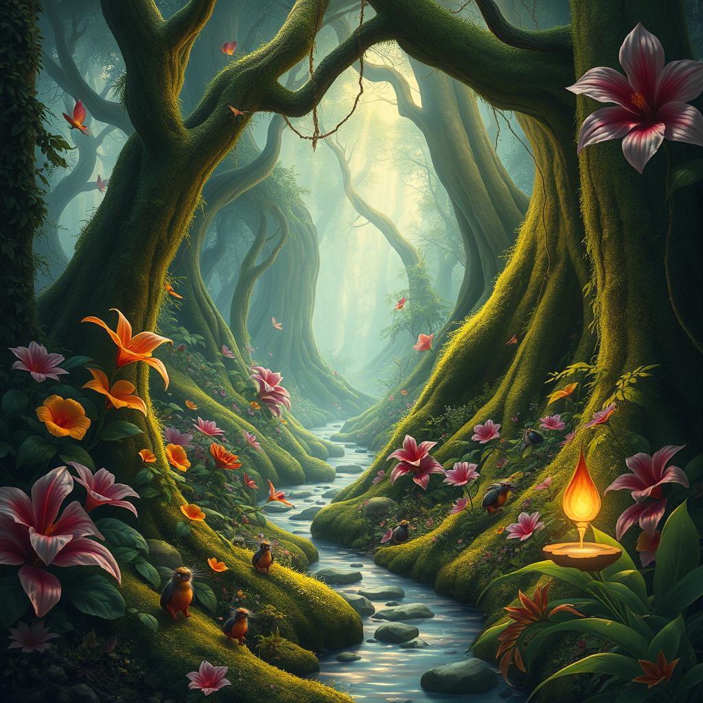 A mystical forest scene filled with vibrant, oversized foliage and exotic flowers, illuminated by soft, ethereal light filtering through a dense canopy