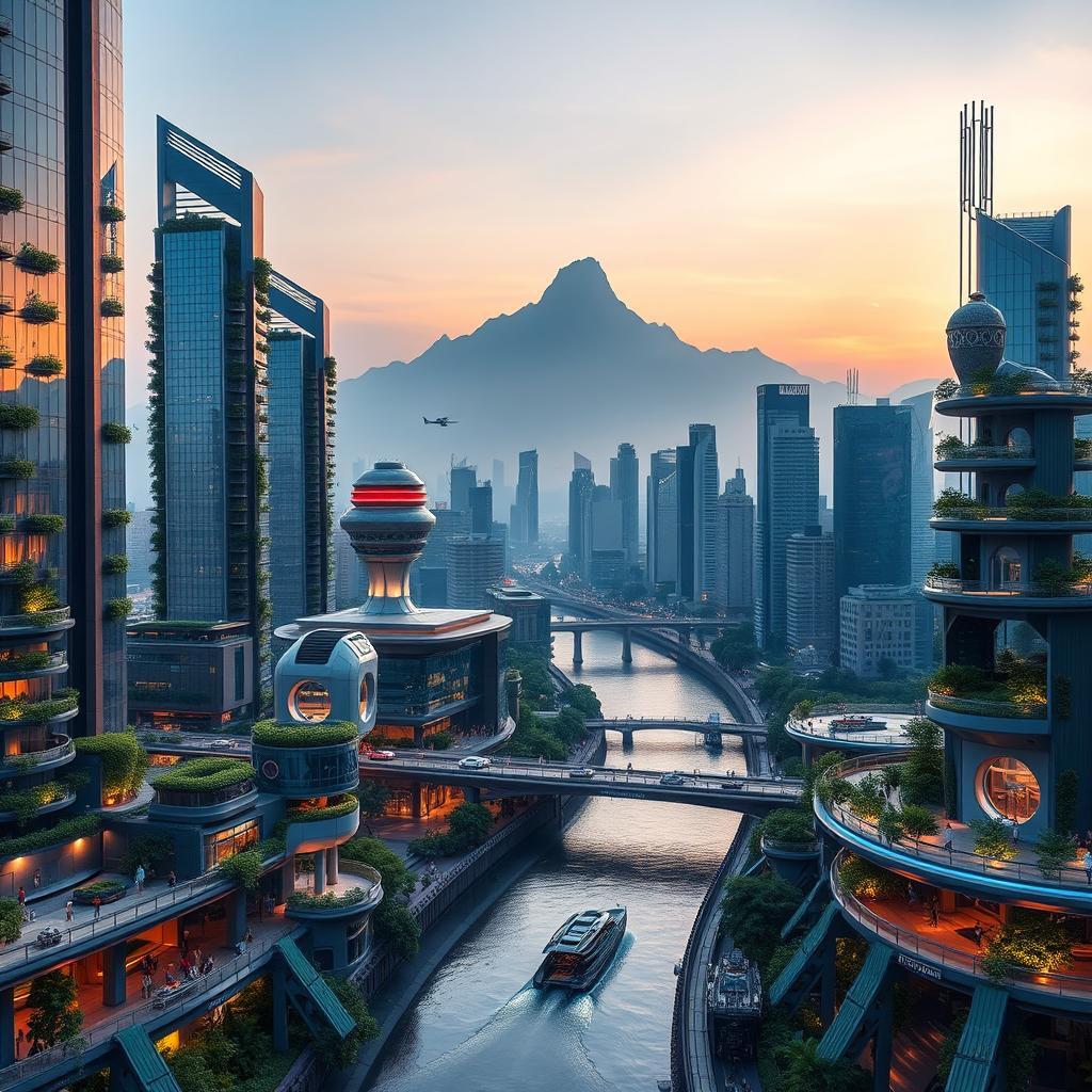 A stunning futuristic cityscape at twilight, showcasing a blend of modern architecture and lush greenery