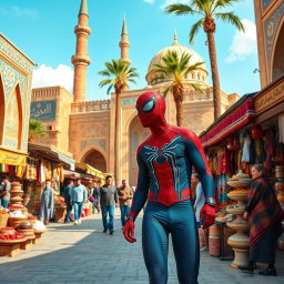Spider-Man casually strolling through the historic streets of Iran, with traditional Persian architecture in the background, including detailed tiles and ancient minarets