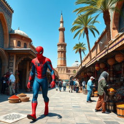 Spider-Man casually strolling through the historic streets of Iran, with traditional Persian architecture in the background, including detailed tiles and ancient minarets