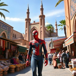 Spider-Man casually strolling through the historic streets of Iran, with traditional Persian architecture in the background, including detailed tiles and ancient minarets