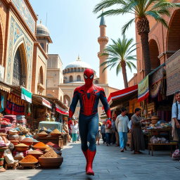 Spider-Man casually strolling through the historic streets of Iran, with traditional Persian architecture in the background, including detailed tiles and ancient minarets