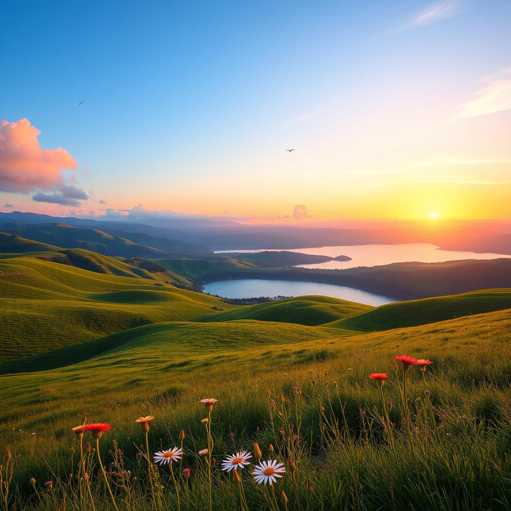 A beautiful scenic landscape featuring rolling green hills, a serene blue lake reflecting the clear sky, and a vibrant sunset in the background with hues of orange, pink, and purple