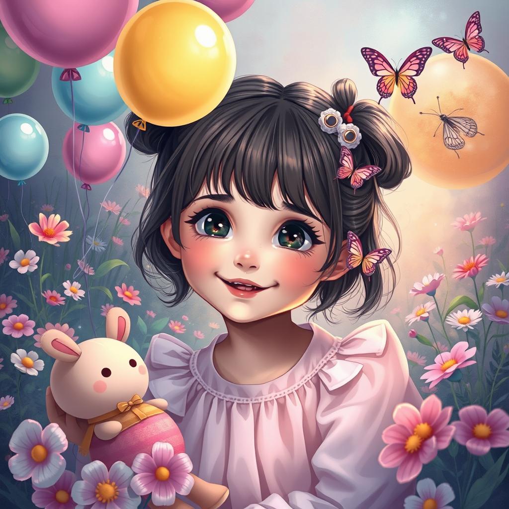 An illustration of a surreal scenario depicting a young girl resembling a five-year-old, surrounded by whimsical elements representing childhood, such as toys, colorful balloons, and butterflies