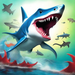 A digital art image of high quality showcasing a unique creature, a fusion of a shark and a dinosaur in one body