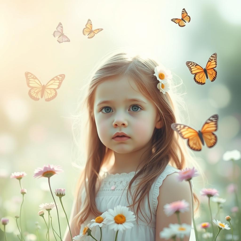 An artistic representation of the concept of innocence and childhood, with a young girl portrayed symbolically as a child mother figure, surrounded by elements of nature such as flowers and butterflies that signify purity