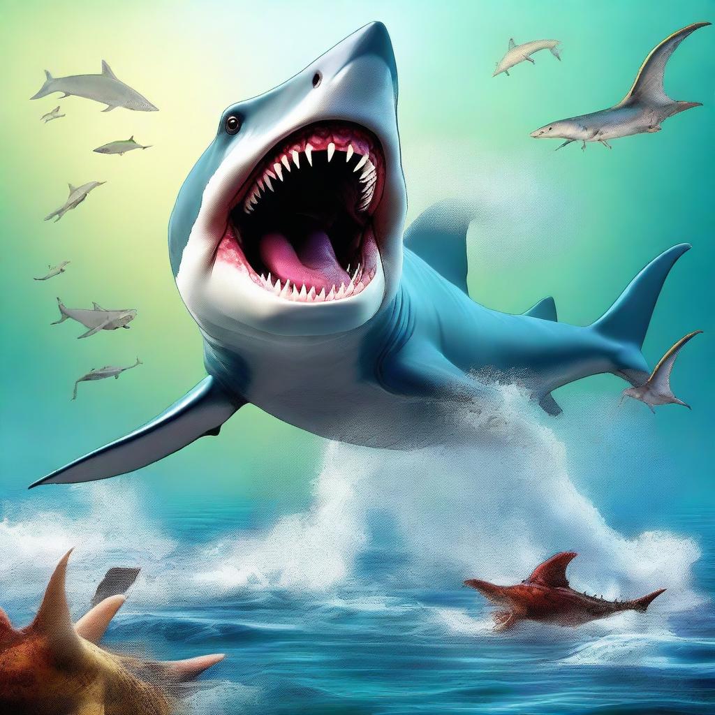 A digital art image of high quality showcasing a unique creature, a fusion of a shark and a dinosaur in one body