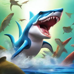 A digital art image of high quality showcasing a unique creature, a fusion of a shark and a dinosaur in one body