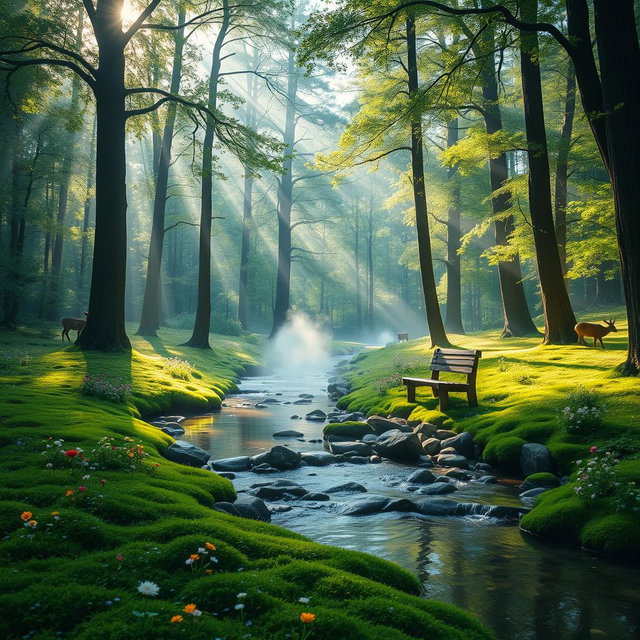 A serene forest glade bathed in soft morning light, featuring tall, lush green trees with rays of sunlight filtering through the leaves