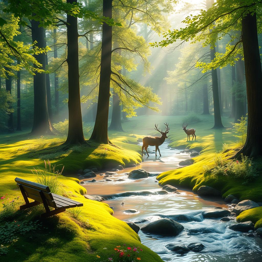 A serene forest glade bathed in soft morning light, featuring tall, lush green trees with rays of sunlight filtering through the leaves