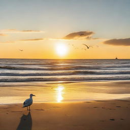 A person seated peacefully at the edge of a shimmering sandy beach. In the foreground, gentle waves wash ashore, while the setting sun casts warm hues in the sky. A playful seagull descends upon the scene, while a lonely boat sails in the distant horizon.