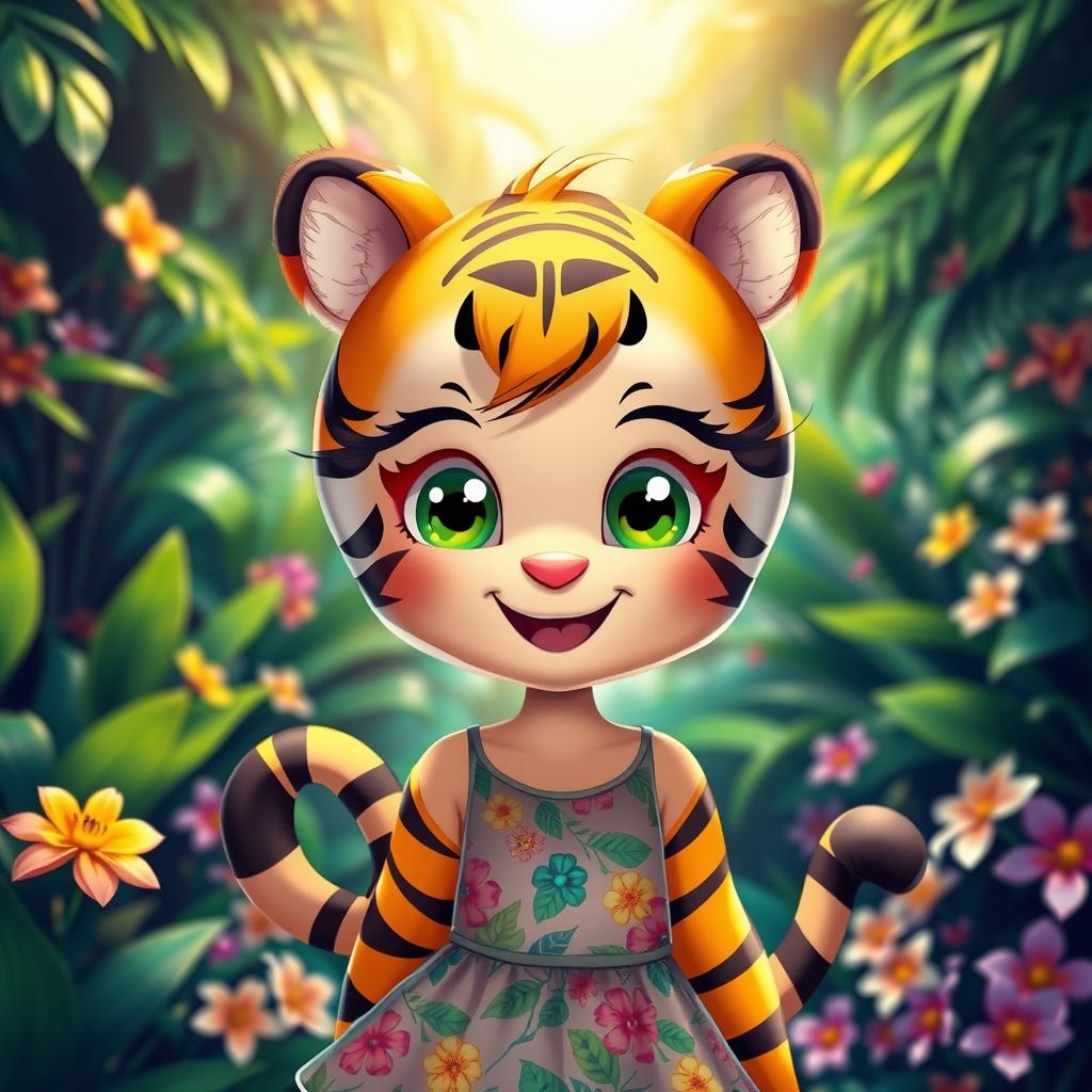 A cute tiger girl, with vibrant orange and black stripes, large sparkling green eyes, and a cheerful smile