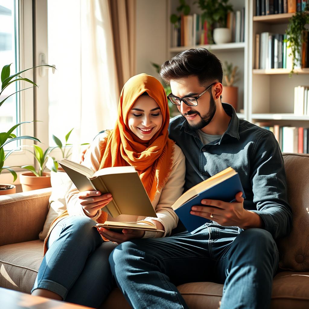 A young Iranian couple sitting closely together on a comfortable sofa, engrossed in reading books