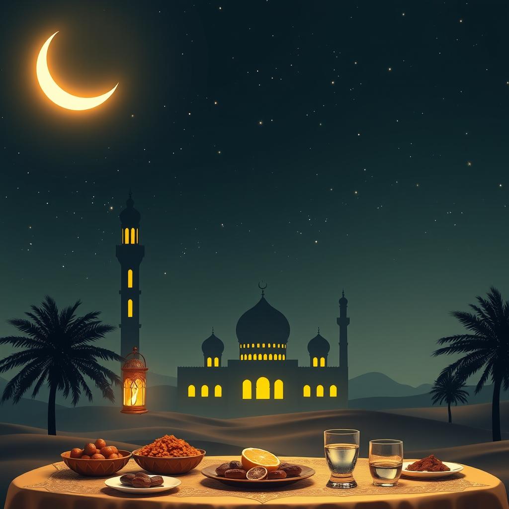 A beautiful, artistic representation of the Islamic holy month of Ramadan, featuring a crescent moon glowing softly against a starry night sky