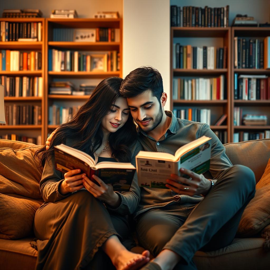 A young Iranian couple sitting closely together, deeply engrossed in reading books