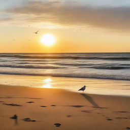 A person seated peacefully at the edge of a shimmering sandy beach. In the foreground, gentle waves wash ashore, while the setting sun casts warm hues in the sky. A playful seagull descends upon the scene, while a lonely boat sails in the distant horizon.