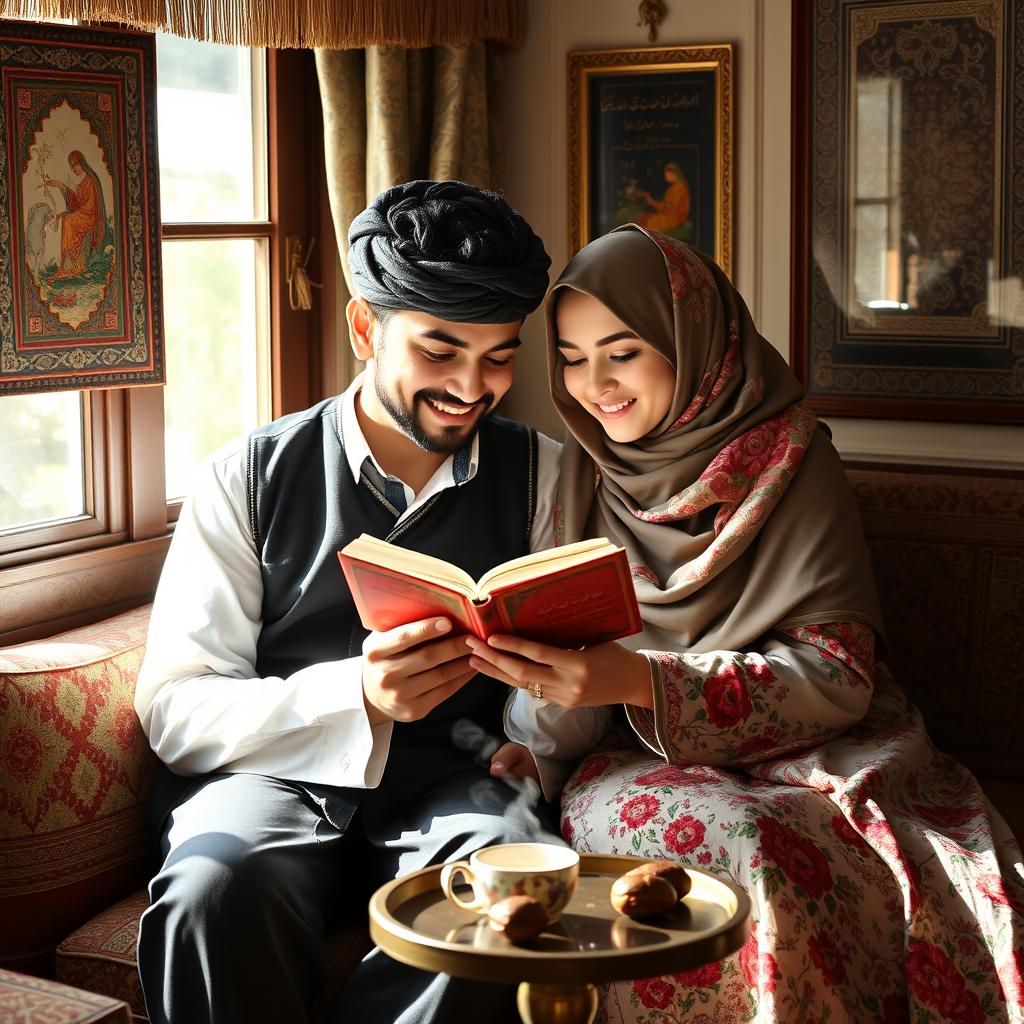 A young Iranian couple, both dressed in traditional clothing, sitting together in a cozy and colorful room