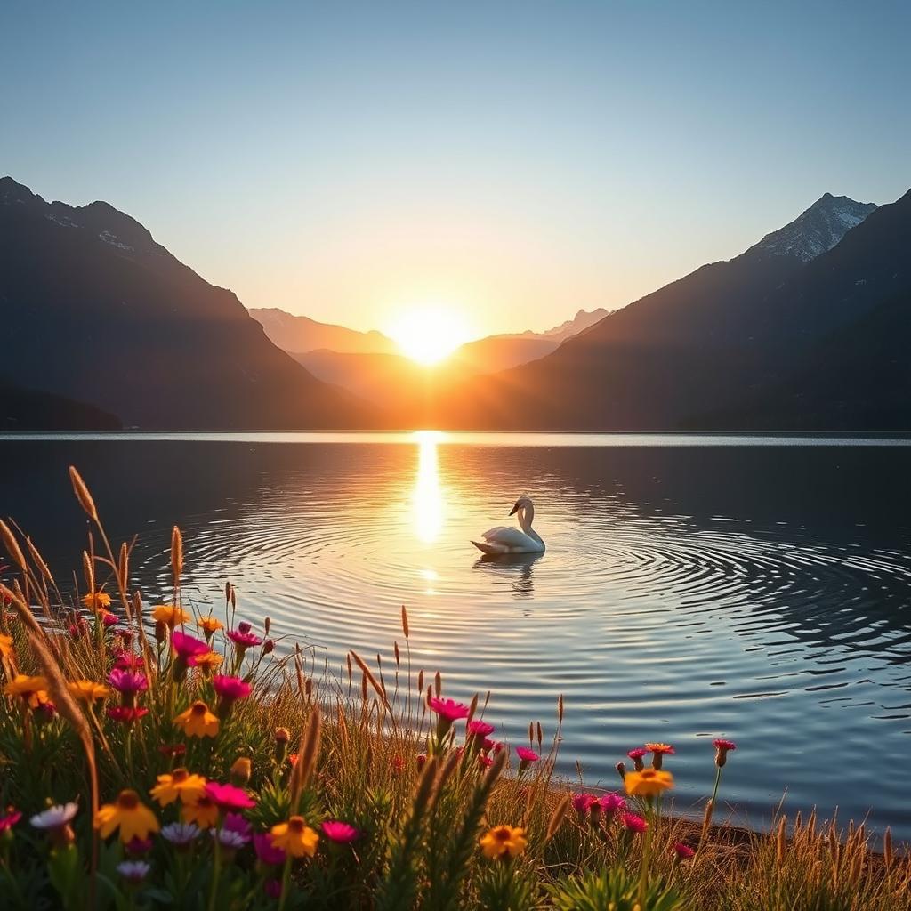 A serene landscape featuring a tranquil lake surrounded by majestic mountains under a clear blue sky, with vibrant wildflowers in the foreground and a gentle breeze creating ripples on the water's surface