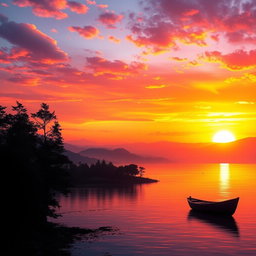 A stunning landscape featuring a vibrant sunset over a tranquil lake