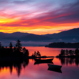 A stunning landscape featuring a vibrant sunset over a tranquil lake