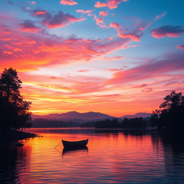 A stunning landscape featuring a vibrant sunset over a tranquil lake