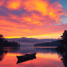 A stunning landscape featuring a vibrant sunset over a tranquil lake