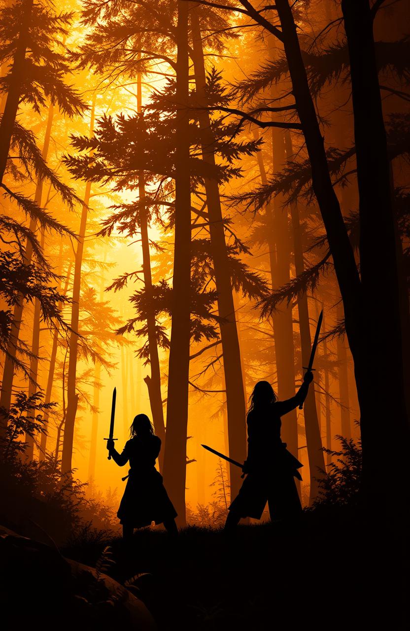 A golden brown background depicting a vibrant forest scene, with silhouetted figures of individuals holding swords, surrounded by tall trees and rich foliage