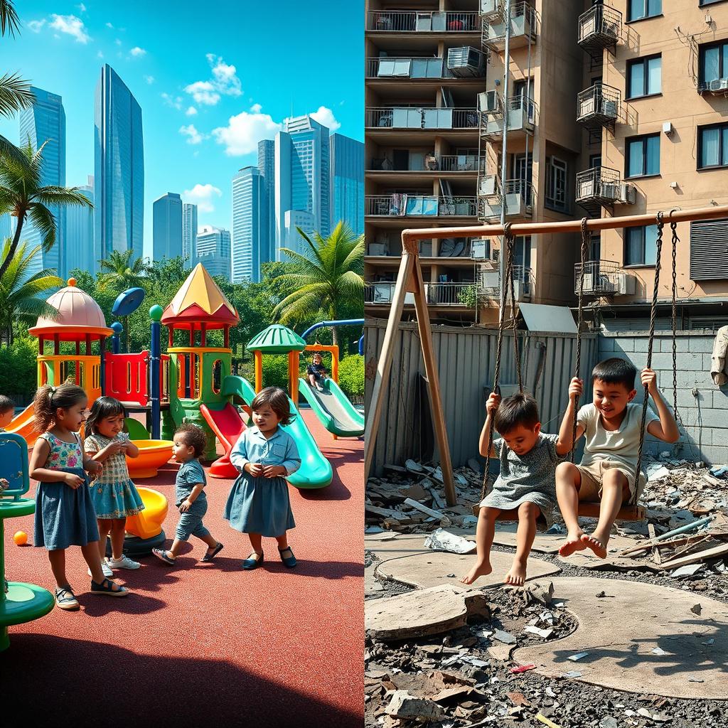 A powerful visual representation illustrating the stark contrast between children in wealthy and poor environments