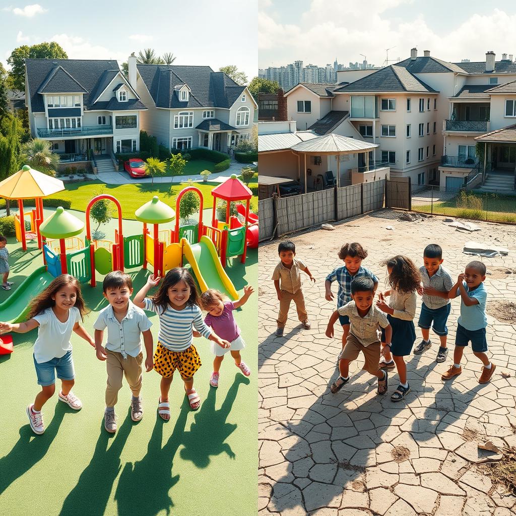 A striking visual representation capturing the contrast between children in wealthy and poor environments