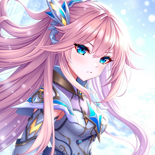 A female character inspired by Genshin Impact, featuring long peach-colored hair flowing elegantly, striking blue eyes accented with vibrant yellow highlights, and exceptionally pale skin