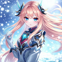 A female character inspired by Genshin Impact, featuring long peach-colored hair flowing elegantly, striking blue eyes accented with vibrant yellow highlights, and exceptionally pale skin