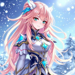 A female character inspired by Genshin Impact, featuring long peach-colored hair flowing elegantly, striking blue eyes accented with vibrant yellow highlights, and exceptionally pale skin