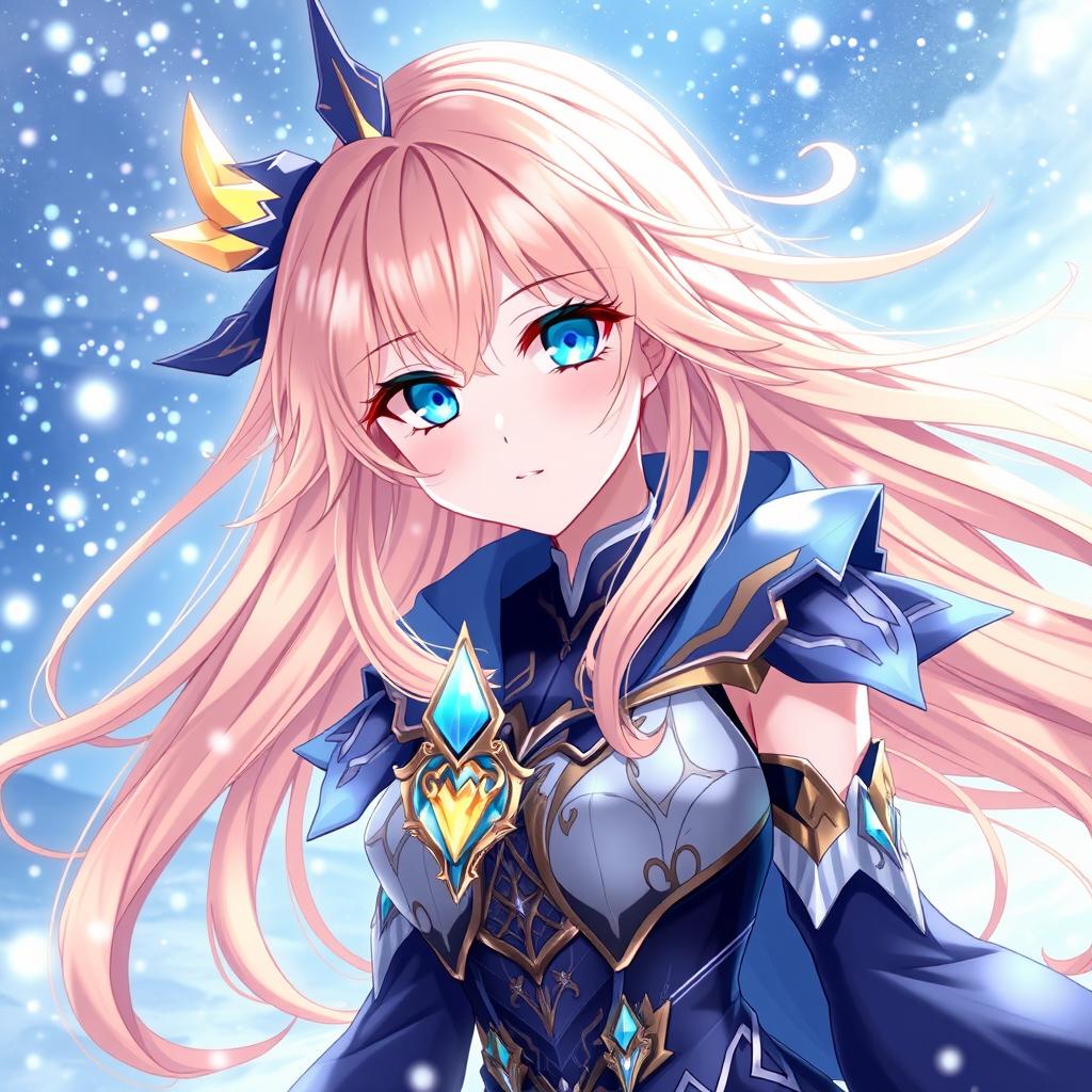 A female character inspired by Genshin Impact, featuring long peach-colored hair flowing elegantly, striking blue eyes accented with vibrant yellow highlights, and exceptionally pale skin