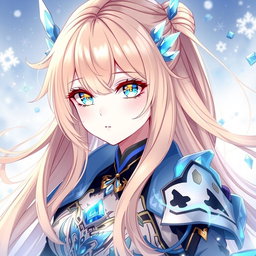 A female character inspired by Genshin Impact, showcasing long, flowing peach-colored hair, captivating blue eyes enhanced with bright yellow highlights, and a pale complexion