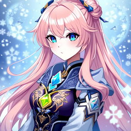 A female character inspired by Genshin Impact, showcasing long, flowing peach-colored hair, captivating blue eyes enhanced with bright yellow highlights, and a pale complexion