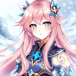 A female character inspired by Genshin Impact, showcasing long, flowing peach-colored hair, captivating blue eyes enhanced with bright yellow highlights, and a pale complexion