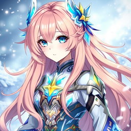 A female character inspired by Genshin Impact, showcasing long, flowing peach-colored hair, captivating blue eyes enhanced with bright yellow highlights, and a pale complexion